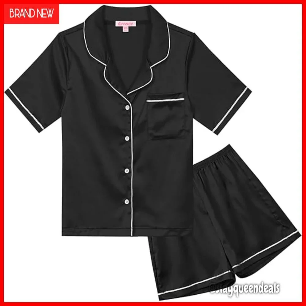 Kids Satin Pajama Set Short Sleeve Button-Down Loungewear Sleepwear